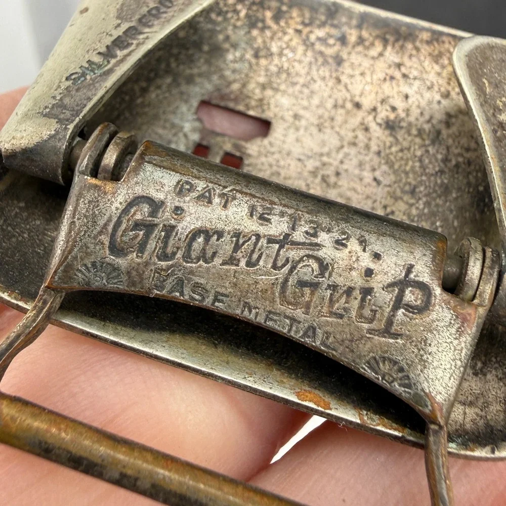 Vintage Giant Grip Belt Buckle Silver Front Art Deco B Greek Key Mens 1.5